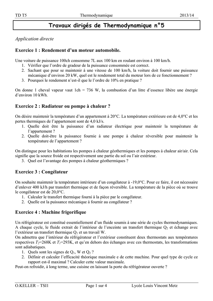 Thermodynamique pompe à chaleur exercice