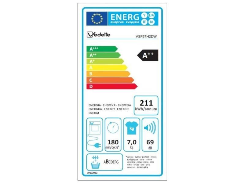 Vedette vsf57h2dw sèche-linge frontal - 7kg - pompe à chaleur - a++