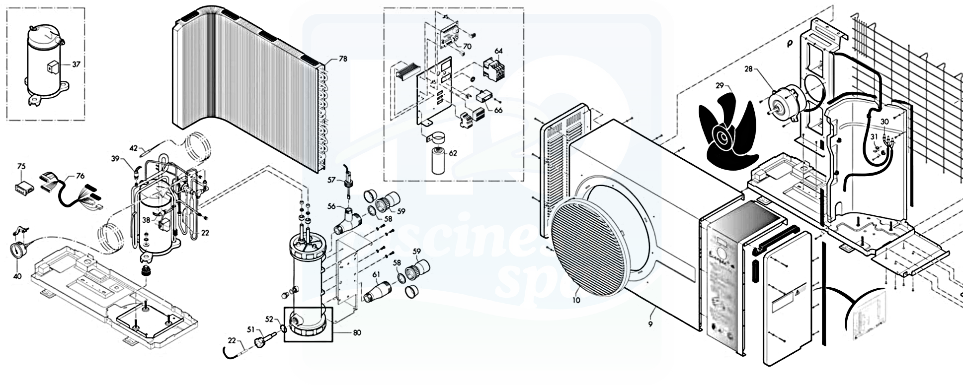 Vue eclatee pompe a chaleur piscine