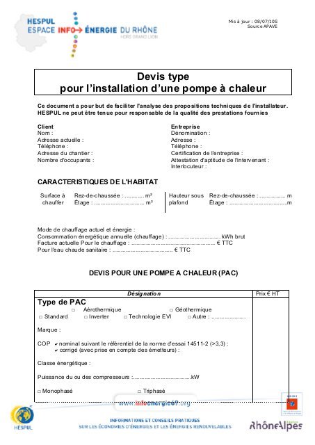 Devis de pompe a chaleur