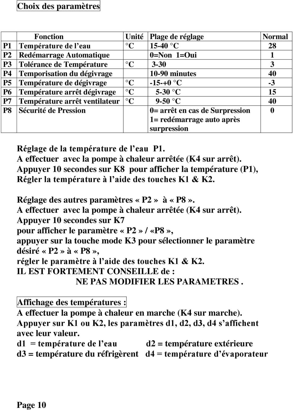 Paramètres pompe à chaleur